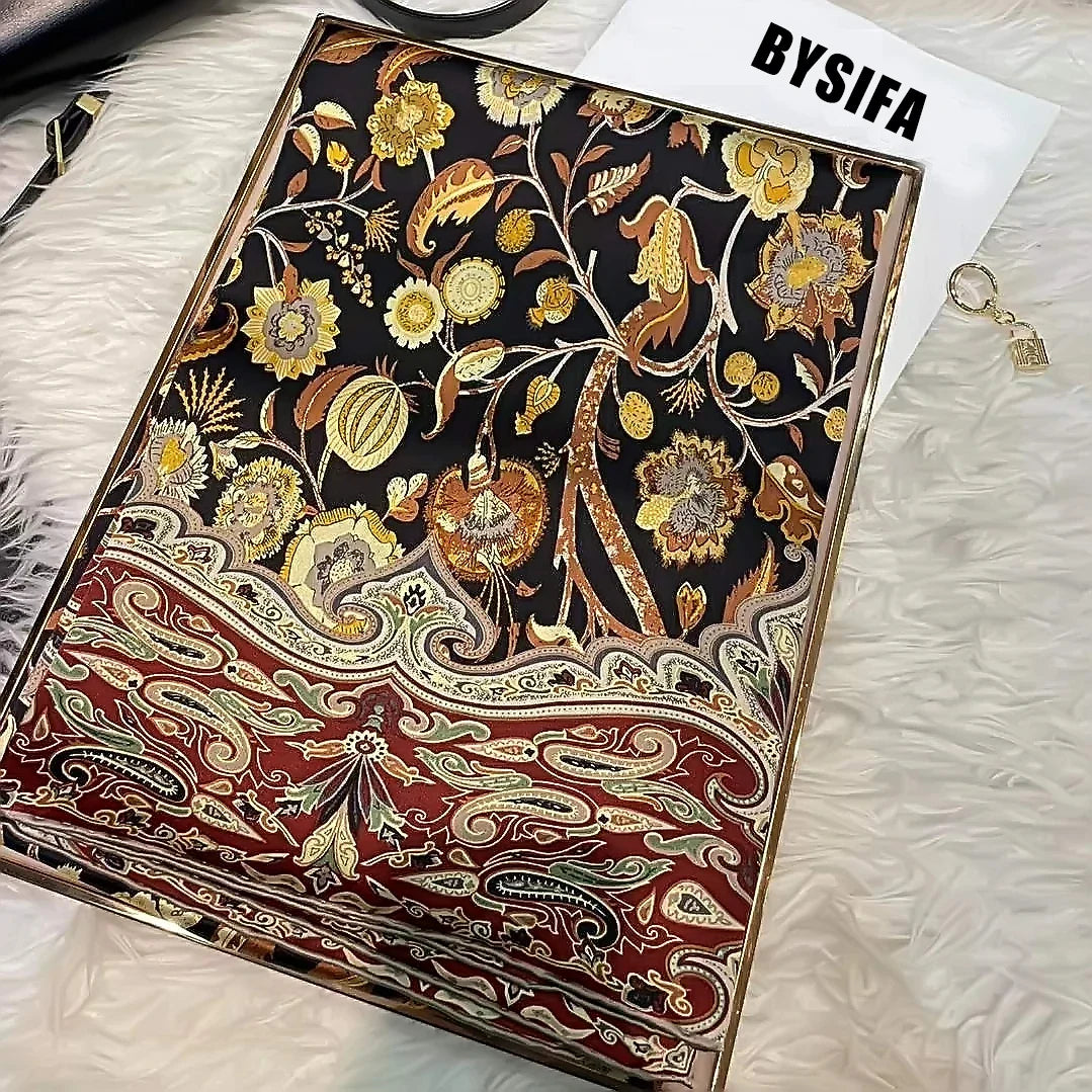 Coffee Gold 100% Mulberry Silk Women's Scarf Bandana Fashion Plaisley Style Square Scarves Hijabs Winter Brand Headscarf Foulard black red