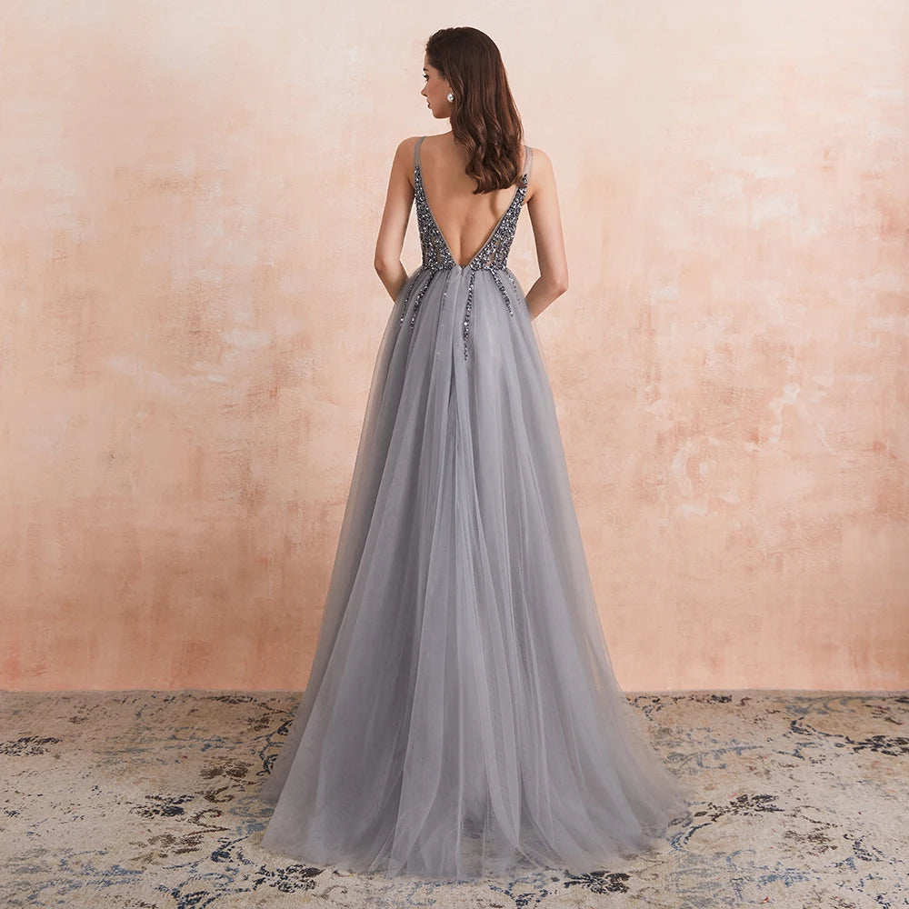 Sexy V-Neck Long Prom Dresses Beaded Beading Crystal High Splits Backless A-Line Formal Gown Party Dress