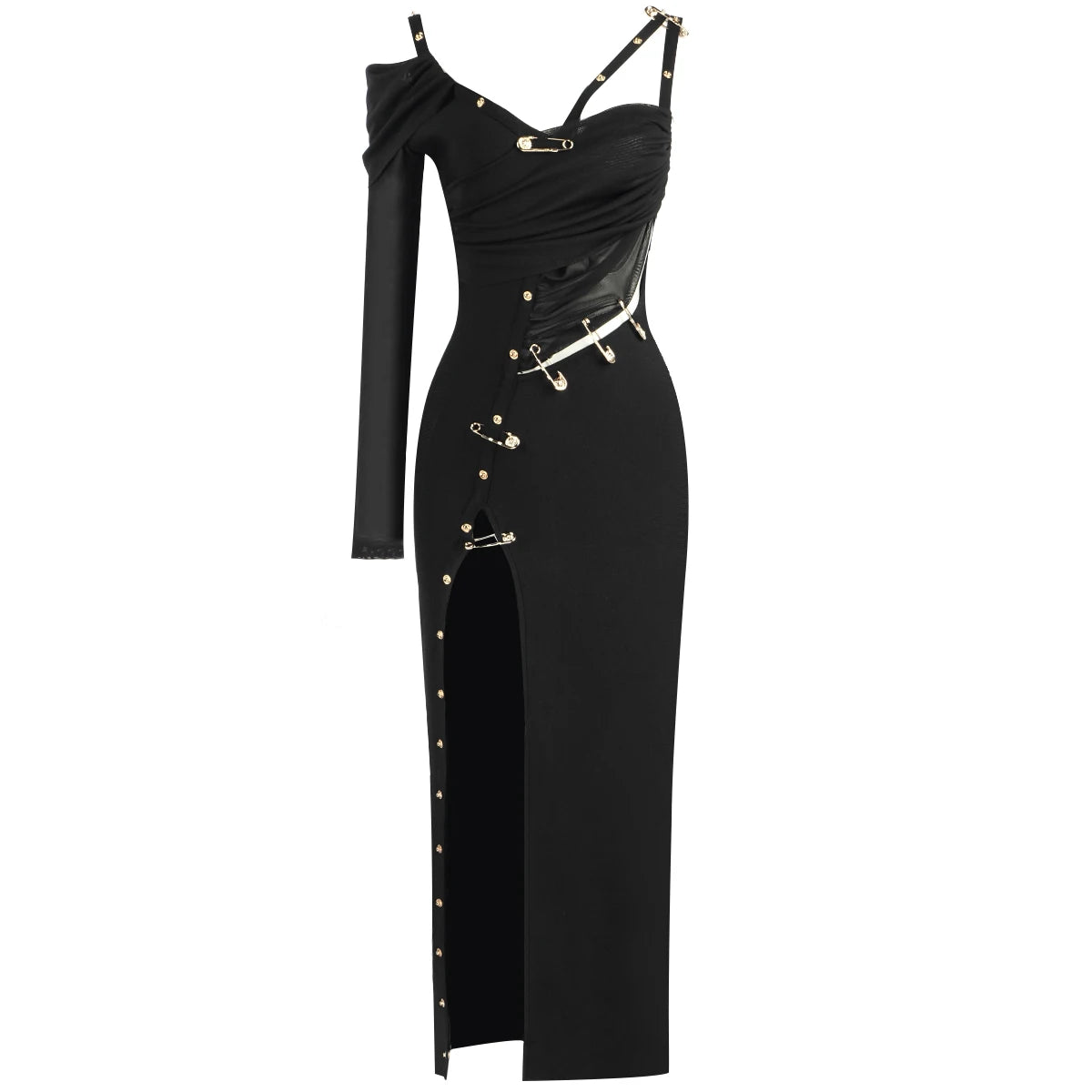 Vestido preto de manga comprida, um ombro só, aberto, rayon, bandagem, coquetel, festa, bodycon