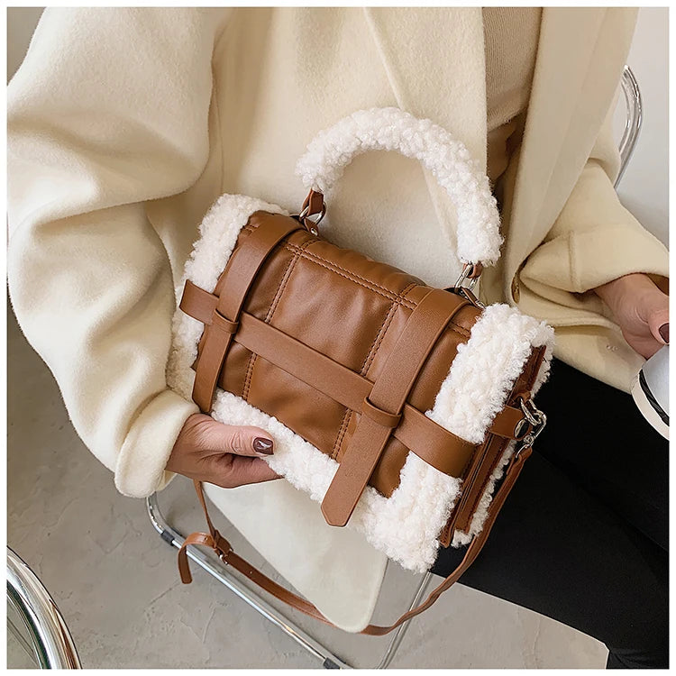 fashion lambswool quilted women handbags design brand shoulder bags luxury pu leather space padded crossbody messenger bag brown