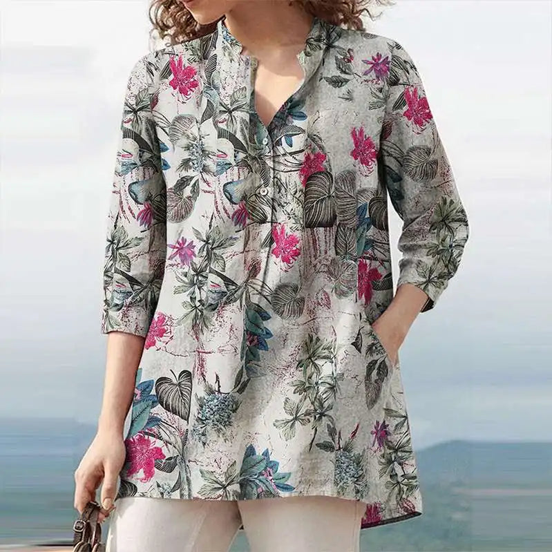 Floral Printed Blouse Oversized Women Casual V Neck 3/4 Sleeve Shirt Retro Maxi Cotton Tops Bohemian Work Female Blusas Red