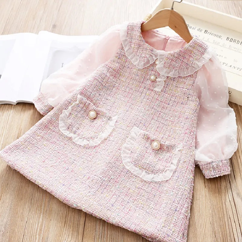 Cute Baby Girls Dresses Spring Autumn Puffle Sleeve Kids Princess Clothes Plaid Doll Collar Party Teens Wear for 6 8 10 12 Years Pink