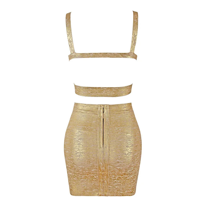 Conjunto de 2 peças de bandagem de rayon com estampa de folha metálica azul e dourado, conjunto de vestidos para festa à noite