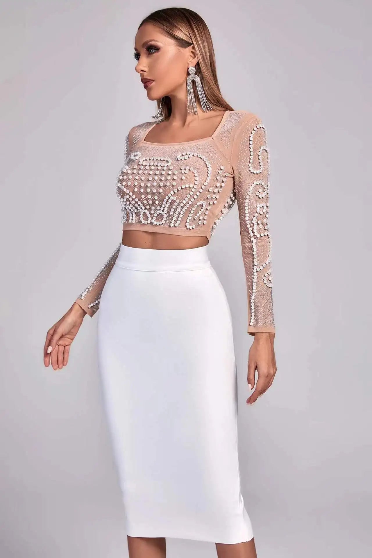 Top Quality Celebrity Black White Two Pieces Set Pearl Beading Hollow Out Rayon Bandage Dress Party Fashion Dress Vestidos