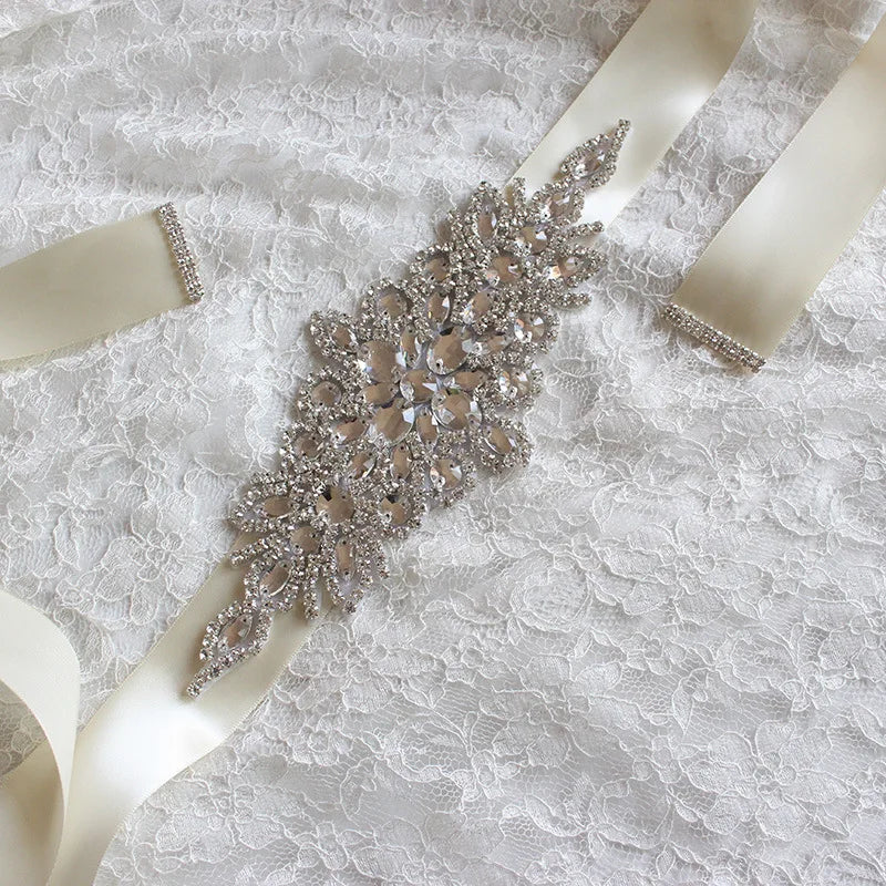 bride belt high-end luxury rhinestone bride satin belt ladies satin belt wedding dress and dress accessories Ivory One Size