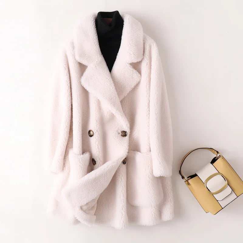 Real Fur Coat High Quality Australian Womens Natural Wool Coats Thick Warm Elegant Loose Large Size Long Outwear For Women Off-White