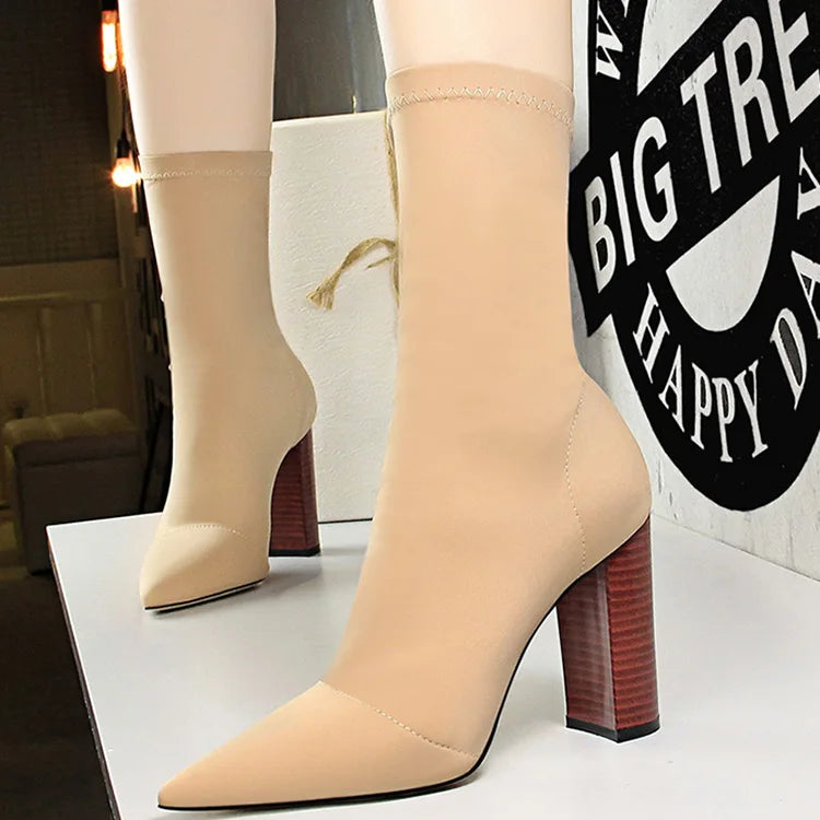 Mid-calf Boots Sexy Sock Boots Stretch High Heels Boots Fetish Women Shoes Autumn Winter Boots Stiletto Women Pumps 41 BE3129-3-apricot