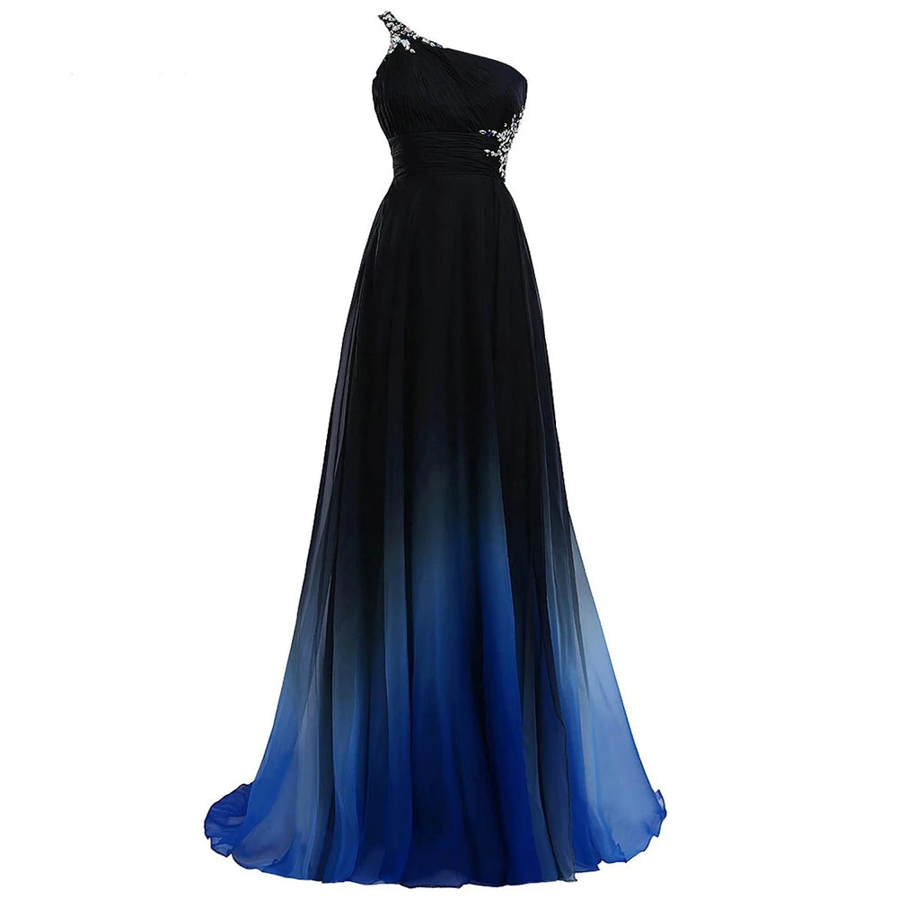 Sexy Criss-Cross Back One Shoulder Ombre Blue Black Red Chiffon Long Prom Dresses Formal Party Gowns