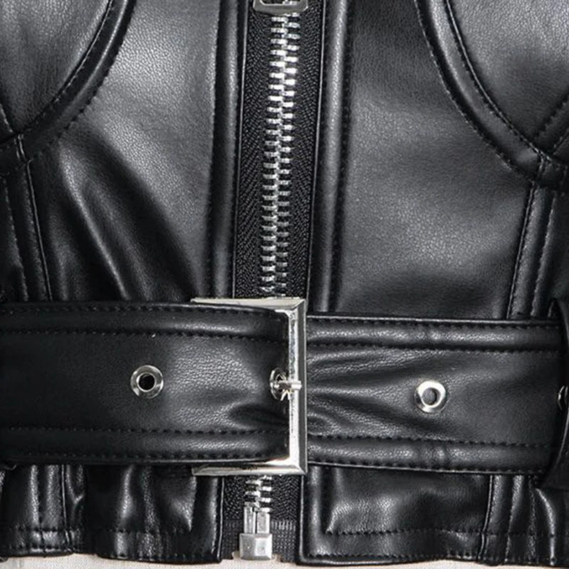 Y2k Black Faux Leather Crop Top Women Square Neck Long Sleeve Zipper Cropped Jacket 2021 Sexy Backless Fashion 5xl 6xl