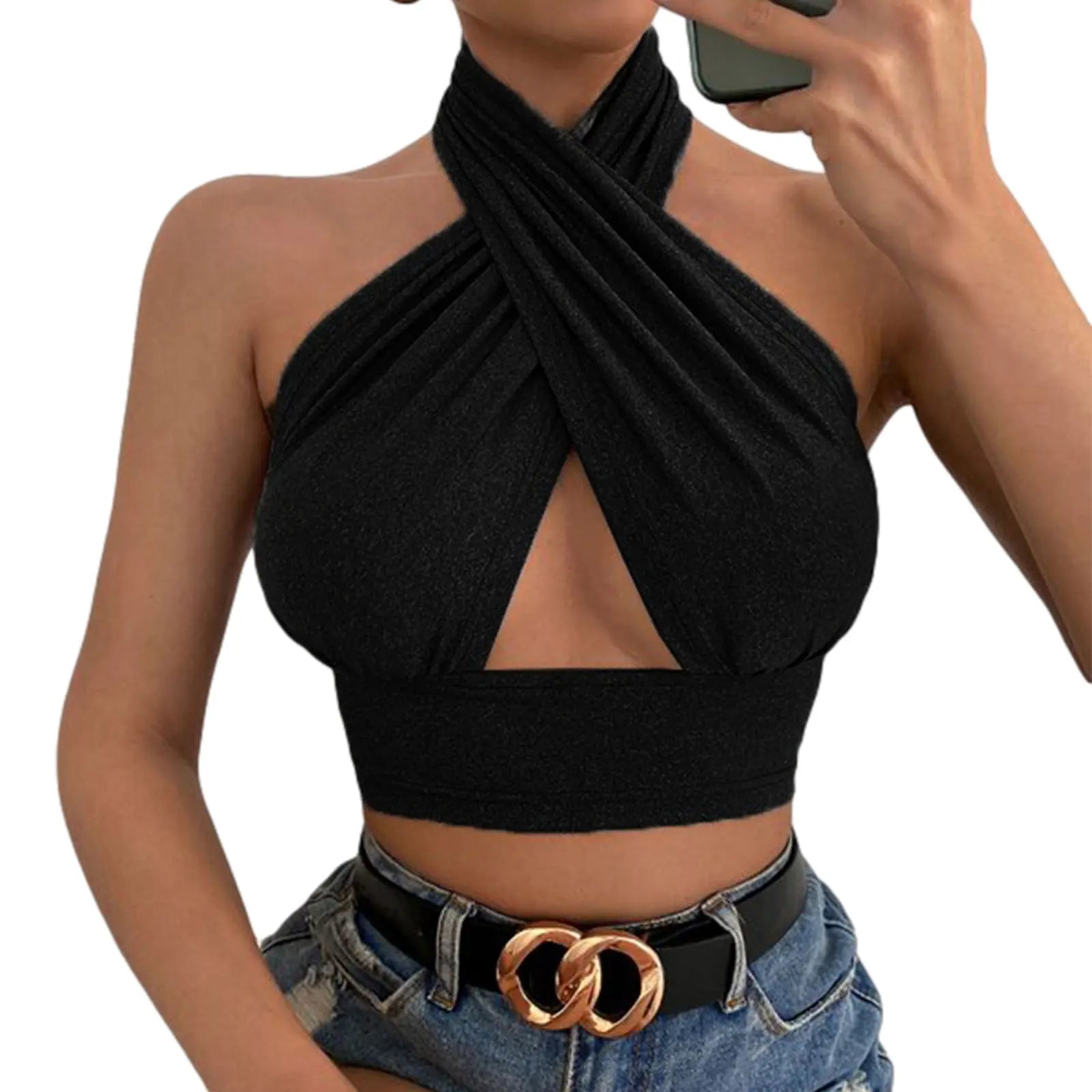 Women Summer Tank Tops Solid Cross Halter Camis Backless Crop Tops Female Camisole Cropped Top Slim Sleeveless Streetwear black