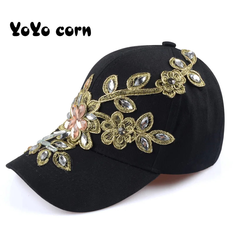 Baseball Cap With Flower Canvas Snapback Caps For Women Female Cap Hat Rhinestone Denim Cap black XXL >8Y