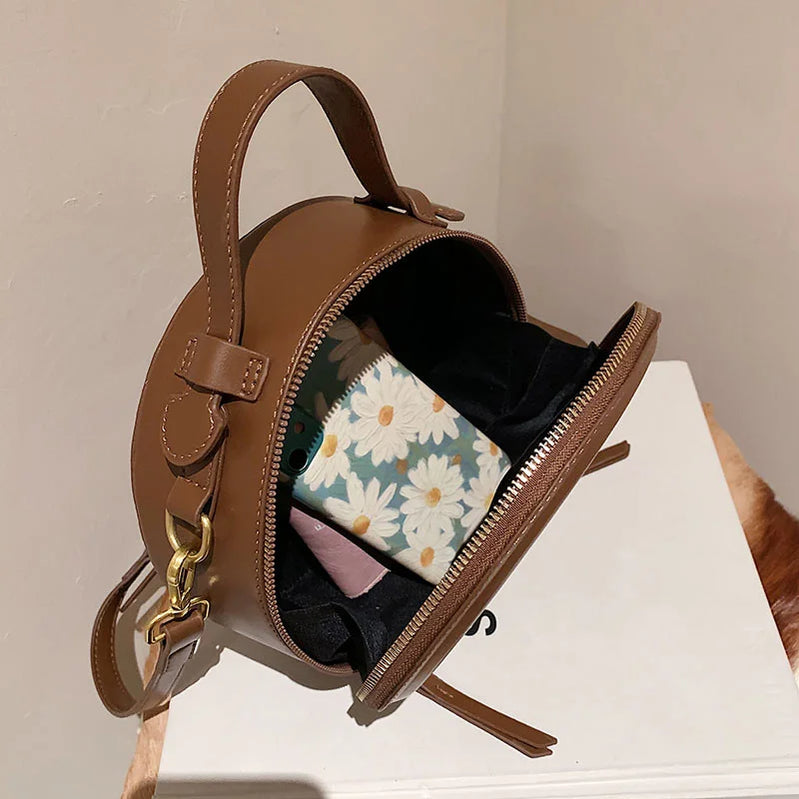 Round Leather Crossbody Bags For Women Luxury Handbags Women Bags Designer Shoulder Bag Female Retro Clutch Purses