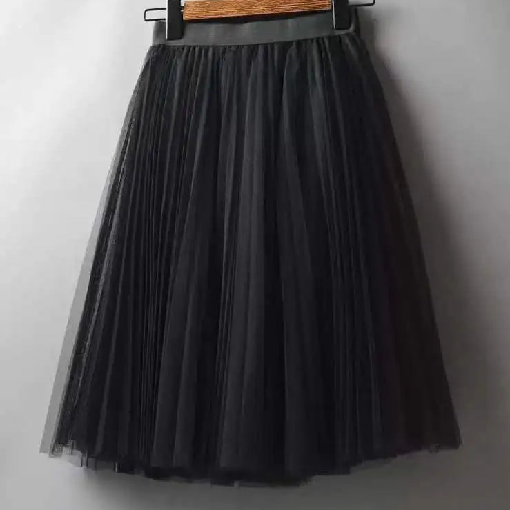 Women's Tulle Plain Pleated Skirt 2019 New Fashion Black Beige White Pink Grey Mesh Midi Skirt High Waist Woman Skirts 3 Layers black One Size