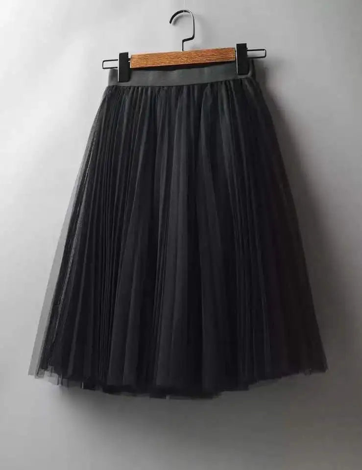 Women's Tulle Plain Pleated Skirt 2019 New Fashion Black Beige White Pink Grey Mesh Midi Skirt High Waist Woman Skirts 3 Layers black One Size