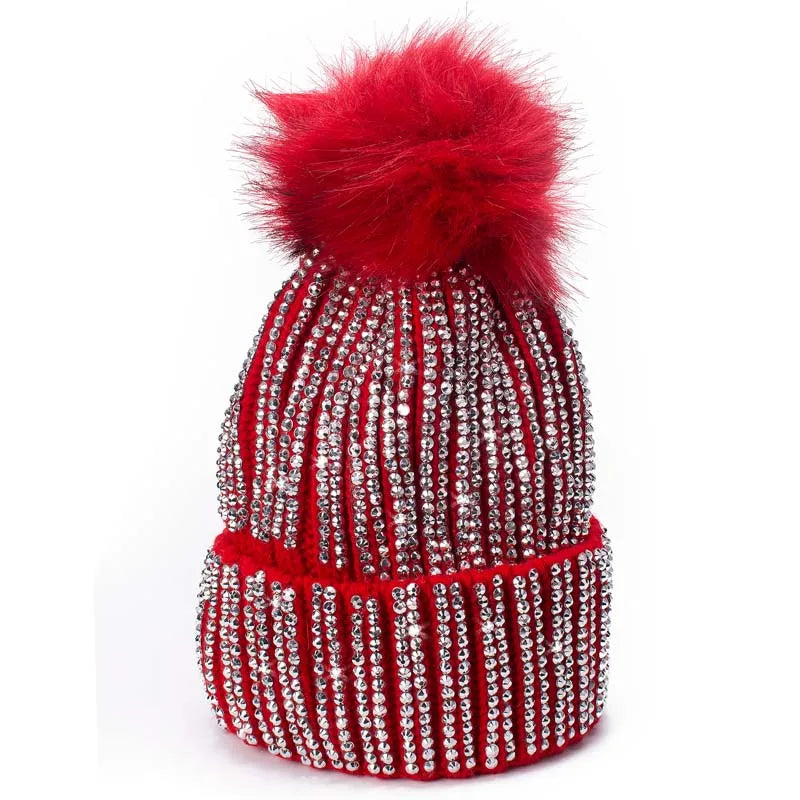 Winter Hats Faux Fur Pom Pom Rhinestone Bling Style Women Beanies Warm Knitted Skull Cap Red