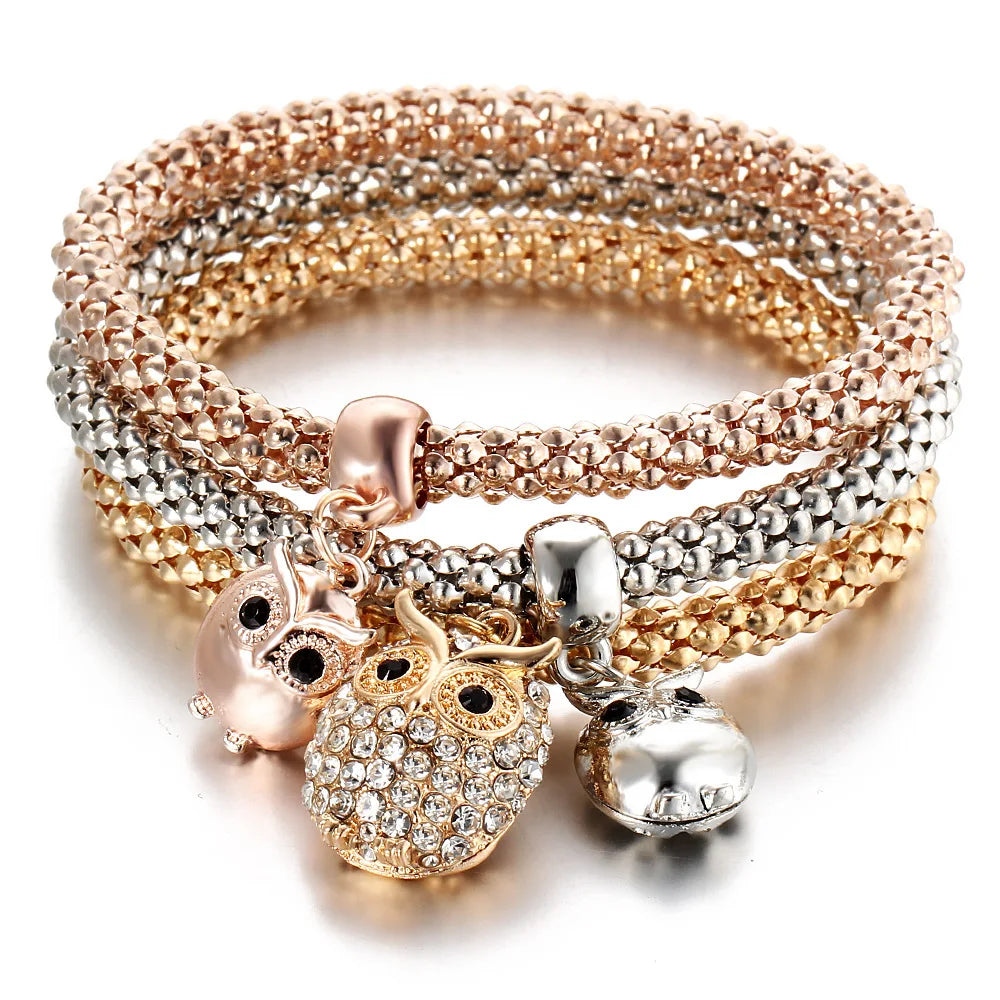 3Colors/Lot Tree Of Life Elastic Bracelet Set For Women Crystal Owl Key Lock Music Note Butterfly Heart Charm Bangle Jewelry