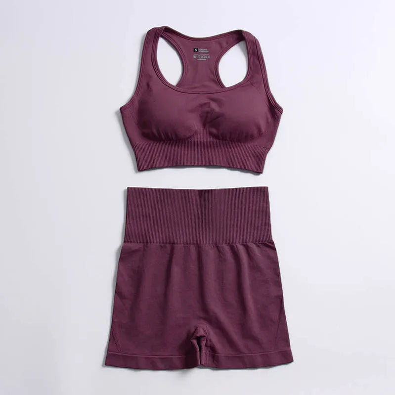 2pcs seamless hyperflex workout sport outfits for women sportswear athletic clothes gym Long Sleeve Crop Top High Waist Leggings Bra shorts PurpleRed