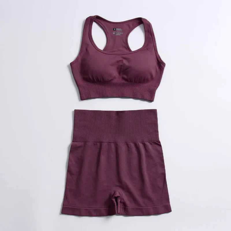 2pcs seamless hyperflex workout sport outfits for women sportswear athletic clothes gym Long Sleeve Crop Top High Waist Leggings Bra shorts PurpleRed