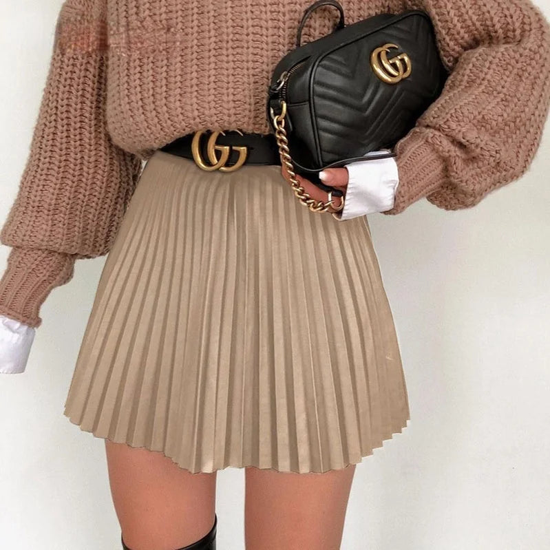 High Waist Pleated Women Skirt A-line Faux Leather Streetwear Female Short Skirt Spring Autumn Party Club SexySkirt Black Skirt Khaki