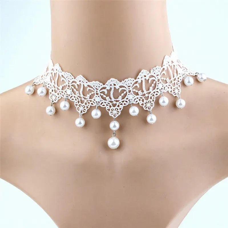Fashion Elegant Vintage Imitation Pearl White Lace Statement Choker Necklaces Bridal Jewelry For Women Wedding Silver White