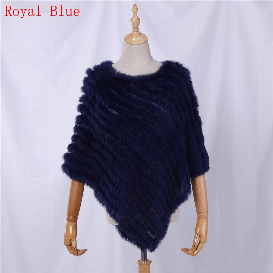 Rabbit Fur Knitted Natural Fur Poncho Fashion Wrap Coat Shawl Lady Scarf Natural Fur Wedding Party Wholesale Cape Royal Blue