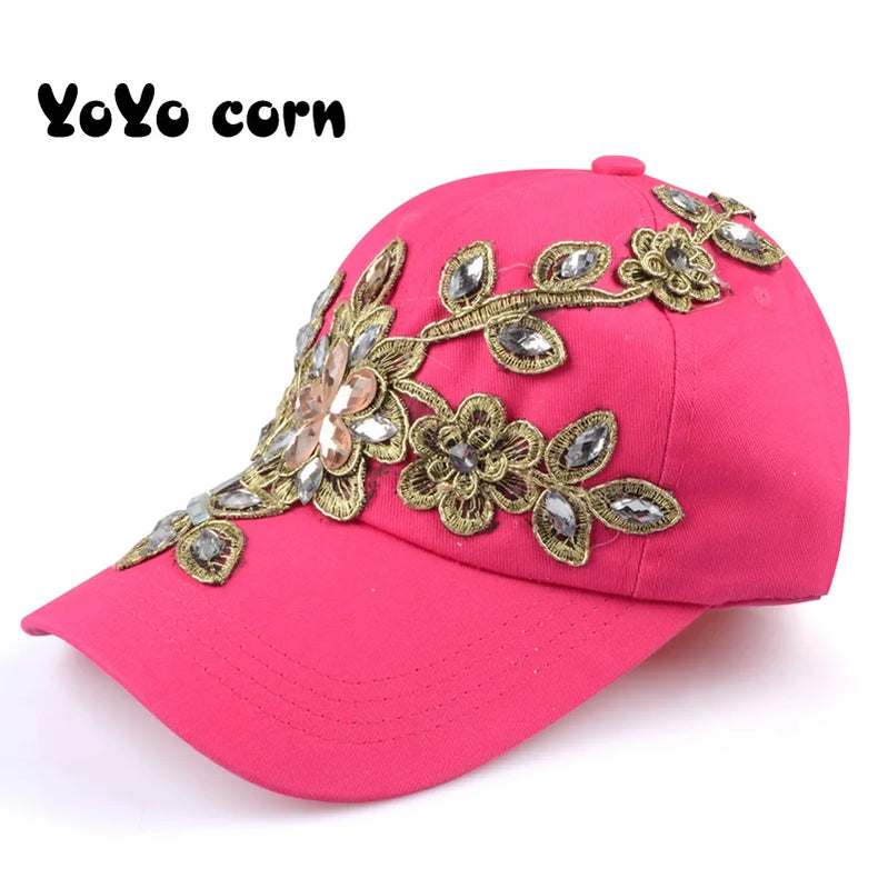 Baseball Cap With Flower Canvas Snapback Caps For Women Female Cap Hat Rhinestone Denim Cap Rose red XXL >8Y