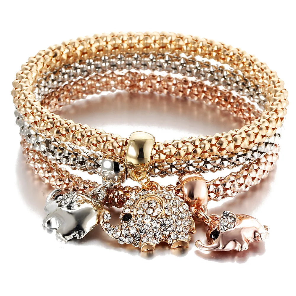 3Colors/Lot Tree Of Life Elastic Bracelet Set For Women Crystal Owl Key Lock Music Note Butterfly Heart Charm Bangle Jewelry