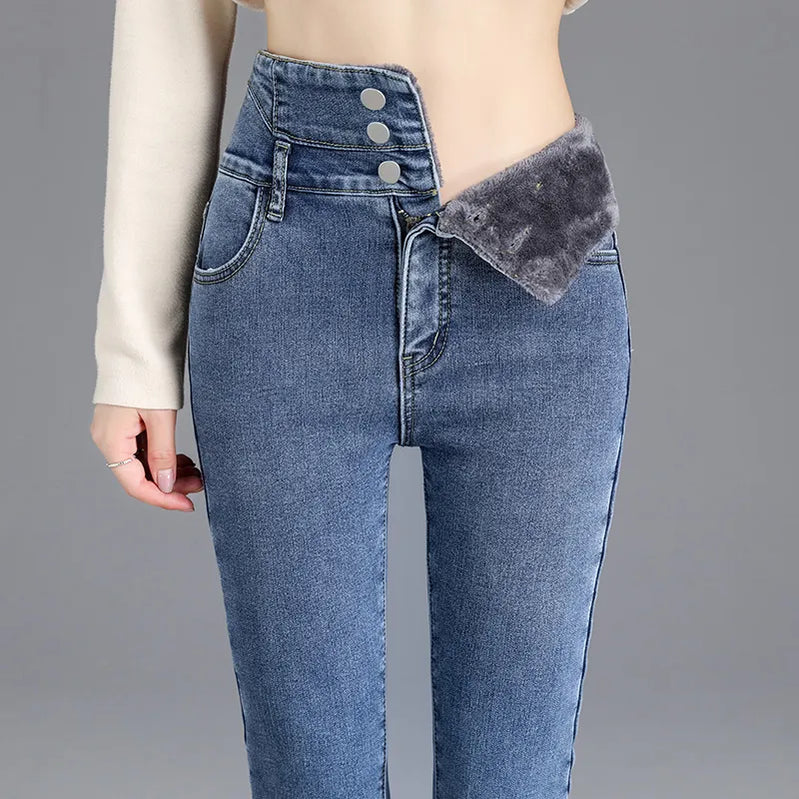 Thermal Winter Thick Fleece High-waist Warm Skinny Jeans Thick Women Stretch Button Pencil Pants Mom Casual Velvet Jeans Vintage blue