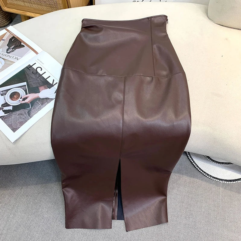 Vintage Faux PU Leather Hobble Skirts Women Sexy Bodycon Midi Skirts Hem Split Ladies Mermaid Skirt Party Clothes