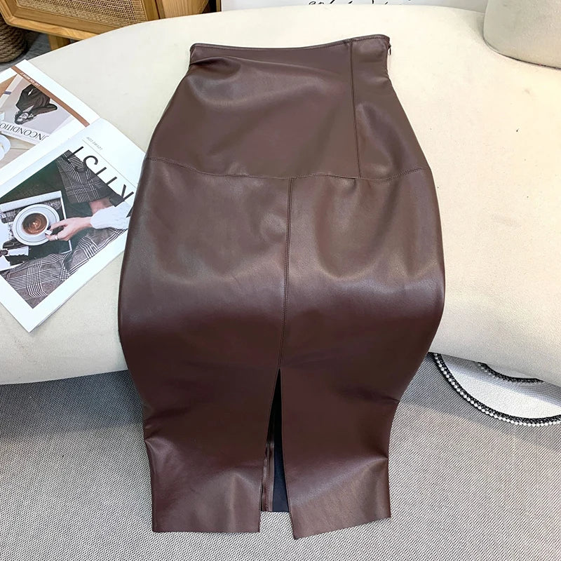 Vintage Faux PU Leather Hobble Skirts Women Sexy Bodycon Midi Skirts Hem Split Ladies Mermaid Skirt Party Clothes