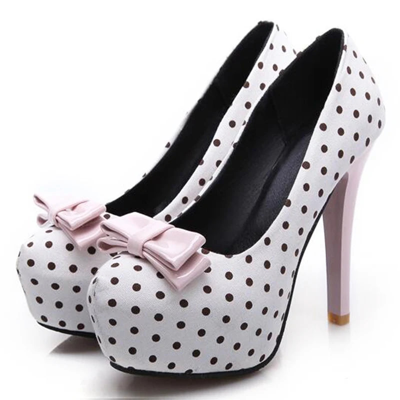 Sapatos femininos de salto alto com laço fofo e bolinhas, bico redondo e salto fino, tamanhos grandes, primavera/outono 2021