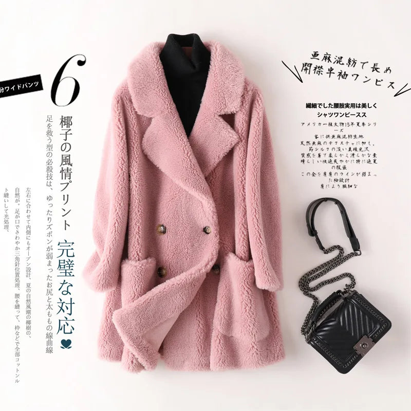 Real Fur Coat High Quality Australian Womens Natural Wool Coats Thick Warm Elegant Loose Large Size Long Outwear For Women Pink