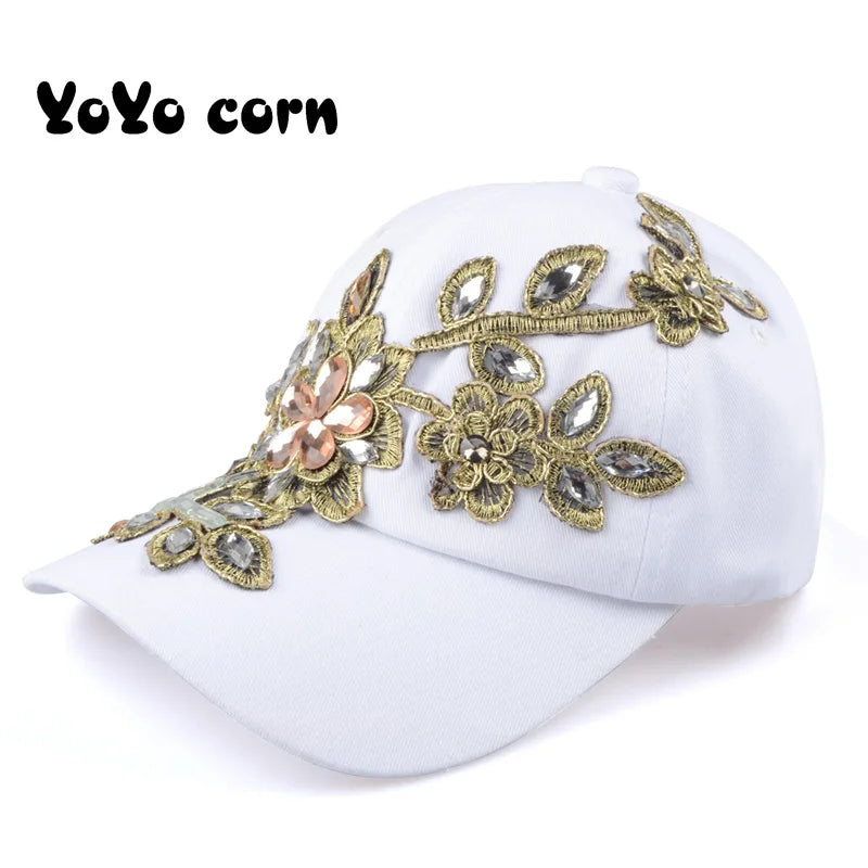 YOYOCORN Baseball Cap With Flower Canvas Snapback Caps For Women Female Cap Hat High Quality Rhinestone Denim Cap White XXL >8Y