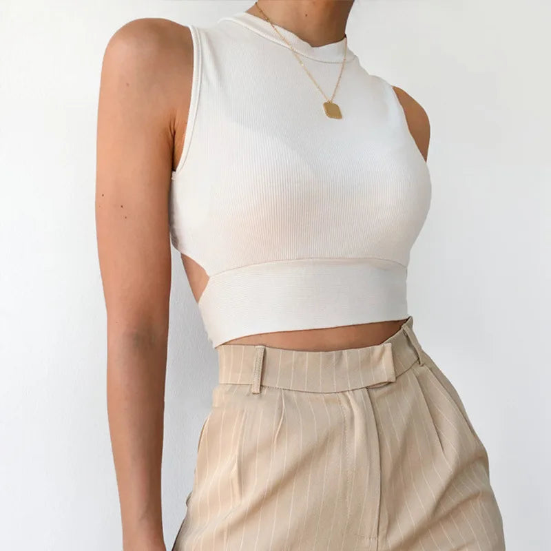 Sexy backless women tank top bandage slim crop top summer casual streetwear tops solid cotton soft criss cross top