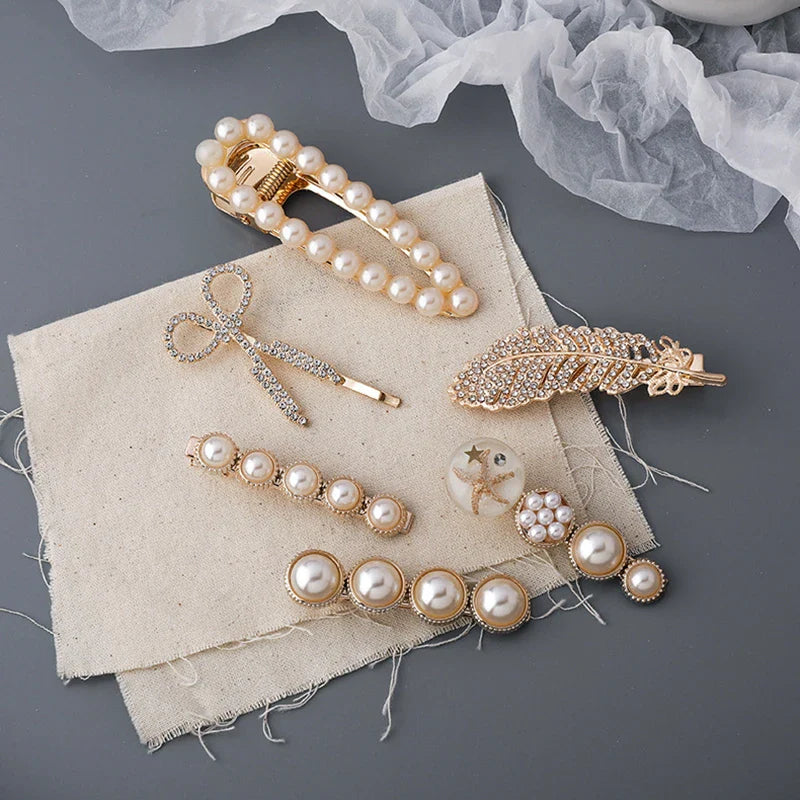 6pcs/set Feather Scissors Hair Clips for Women with Crystal Rhinestone Pearls Barrettes Fashion Jewelry Accessories Gifts YHA054