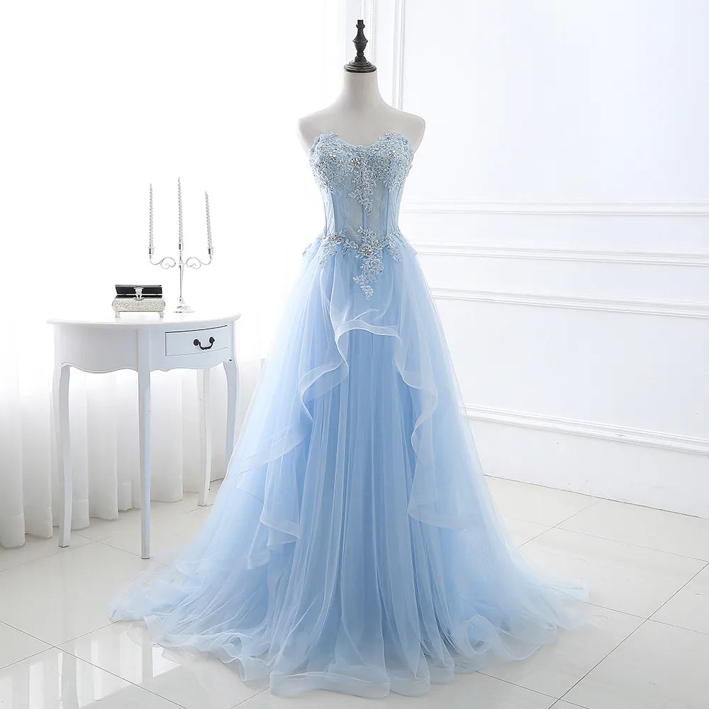 Light Blue Prom Dresses Long Sexy Sweetheart A-Line Tulle Lace Applique Beaded Crystal Women Formal Party Gown