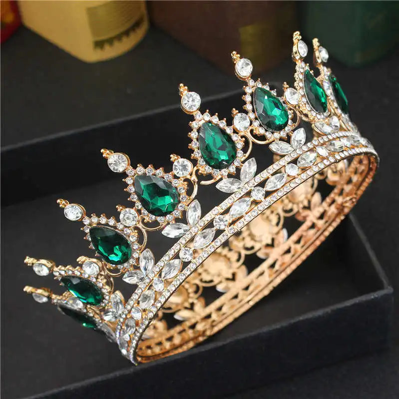 Crystal Queen King Tiaras and Crowns Bridal Diadem For Bride Women Headpiece Hair Ornaments Wedding Head Jewelry Accessories Gold Plated Green