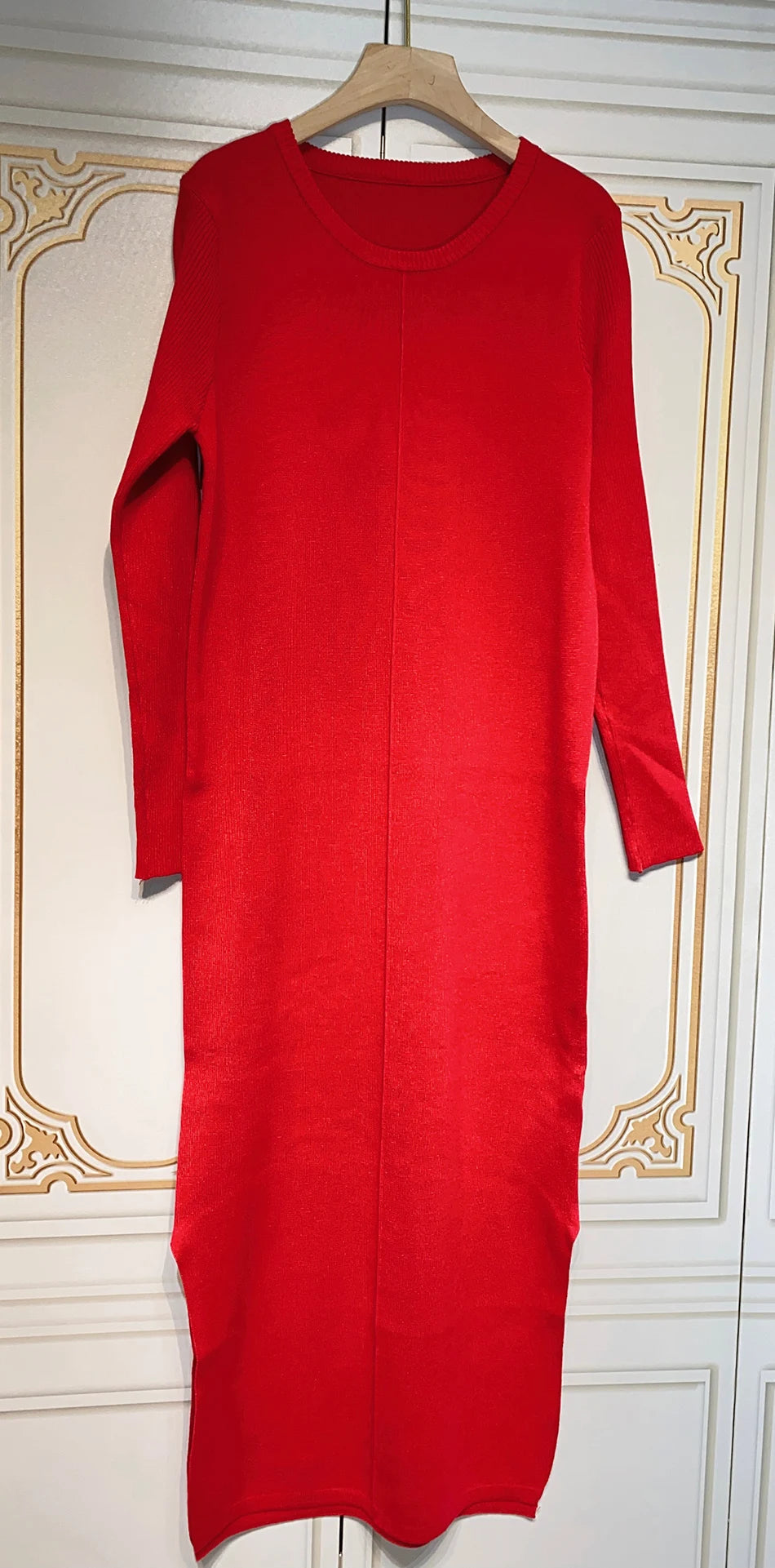 2024 Casual Midi Knit Dress Women's O-neck Long Sleeve Split Straight Dresses 2023 New Autumn Pure Color Knit Vestidos