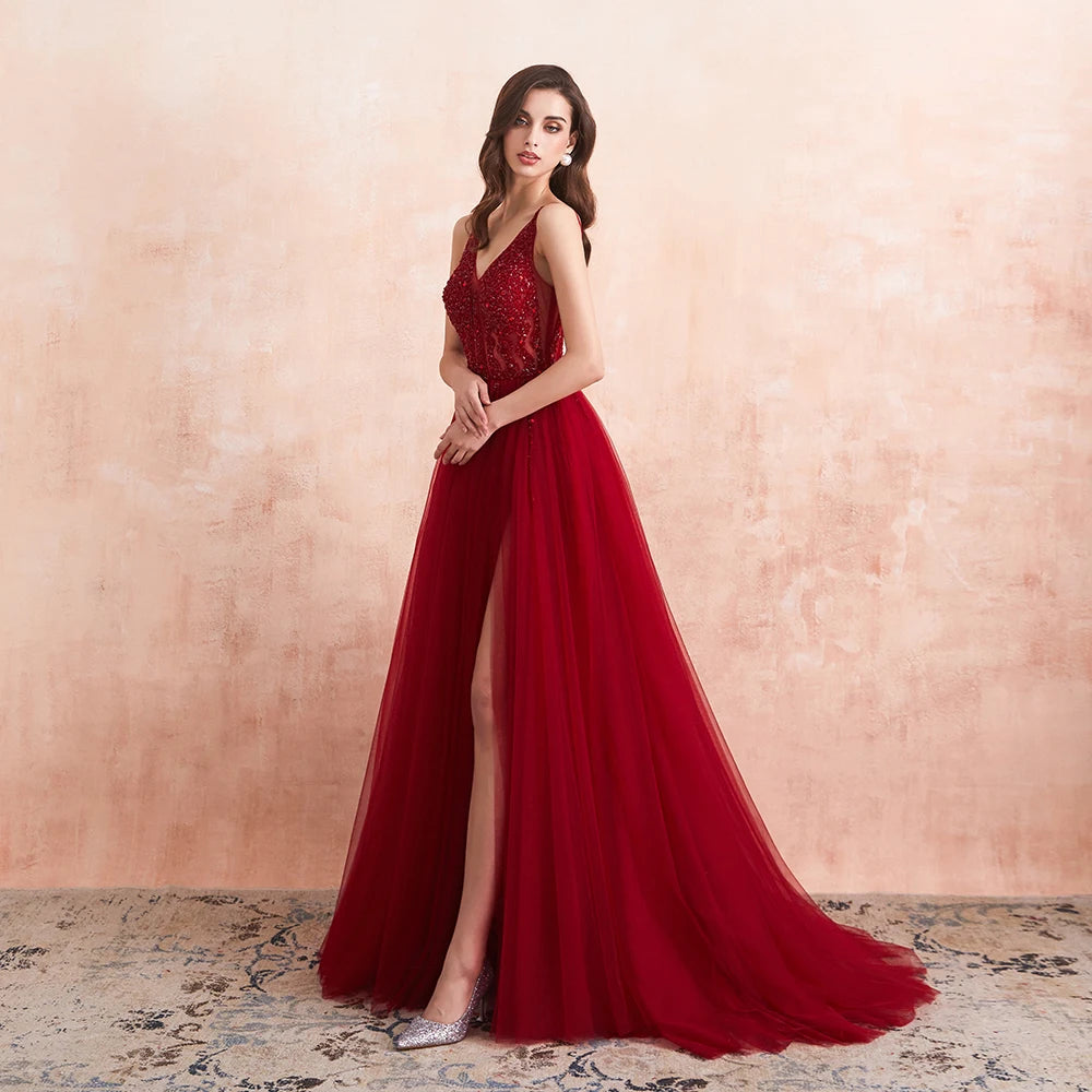 Beading Prom Dresses Long Sexy V-Neck High Split Tulle Sweep Train Sleeveless Evening Gown A-Line Backless Vestido De