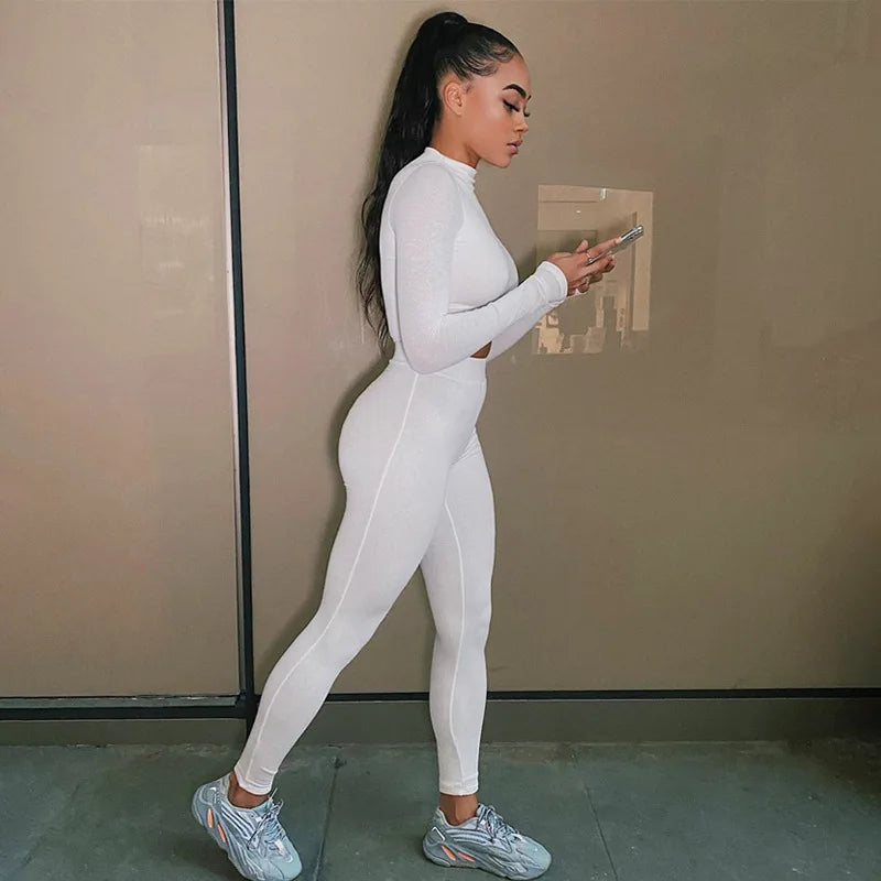 Women’s Summer Sport Suits Solid Long-Sleeves Short Top + High-Waist Skinny Pants Casual Outfits Female Sportswear Outerwear