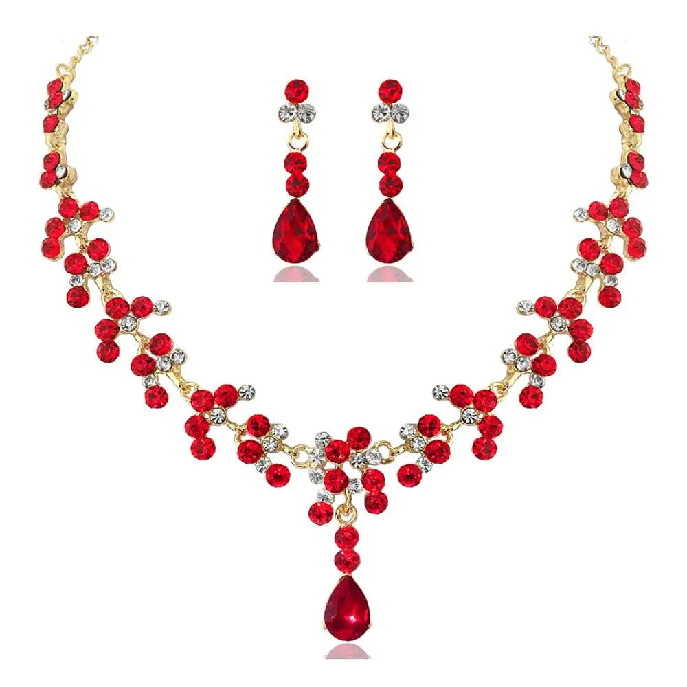 KMVEXO Crystal Bridal Wedding Jewelry Sets Women Gold Color Rhinestone Necklace Long Earrings Set Dress Accessories Bridesmaid X107 Red