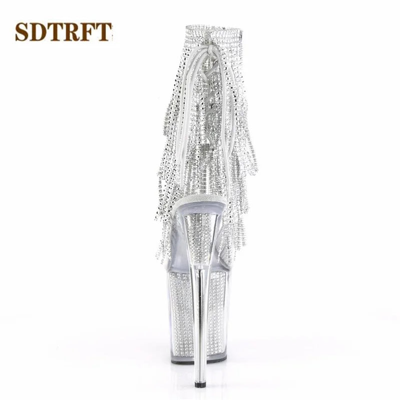 Stilettos 20cm Thin Heels Ankle boots transparent Platforms shoes Woman Rhinestone Tassels Botas Mujer Sequined pumps