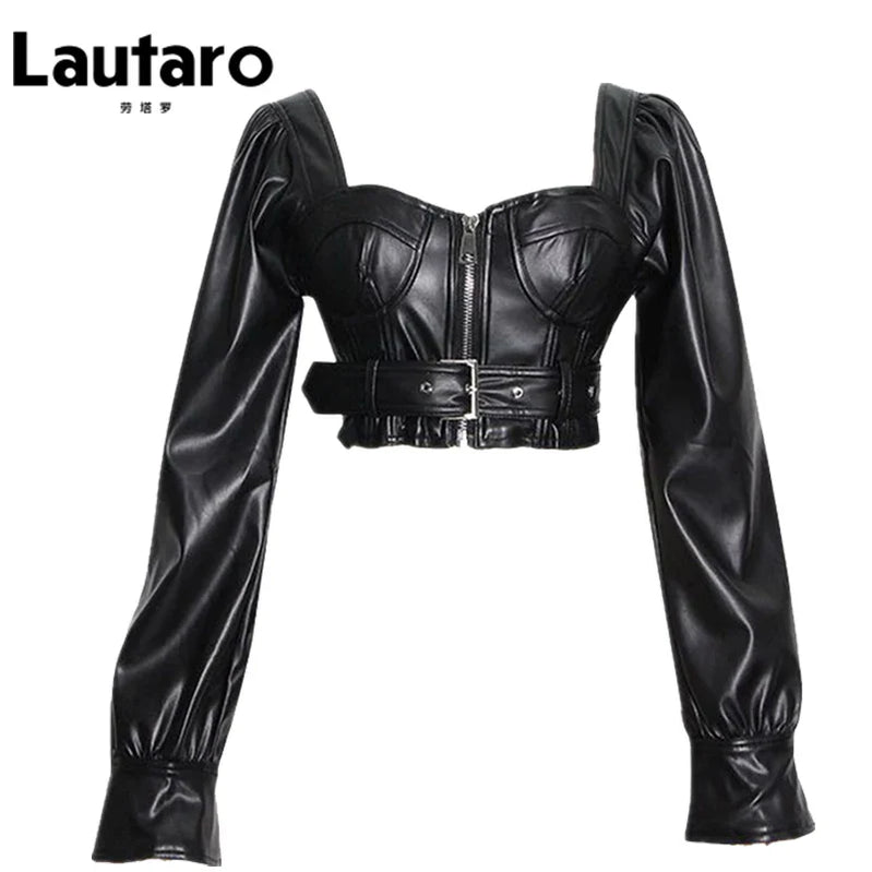 Y2k Black Faux Leather Crop Top Women Square Neck Long Sleeve Zipper Cropped Jacket 2021 Sexy Backless Fashion 5xl 6xl