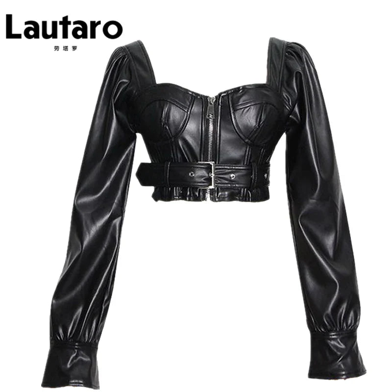 Y2k Black Faux Leather Crop Top Women Square Neck Long Sleeve Zipper Cropped Jacket 2021 Sexy Backless Fashion 5xl 6xl