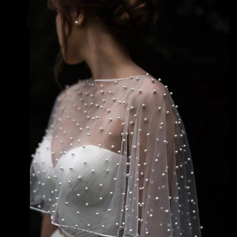 Wedding Accessories Bolero Bridal Cloak Pearls Wedding Cape short front long back Women Wrap Cape Evening Wrap Shawl