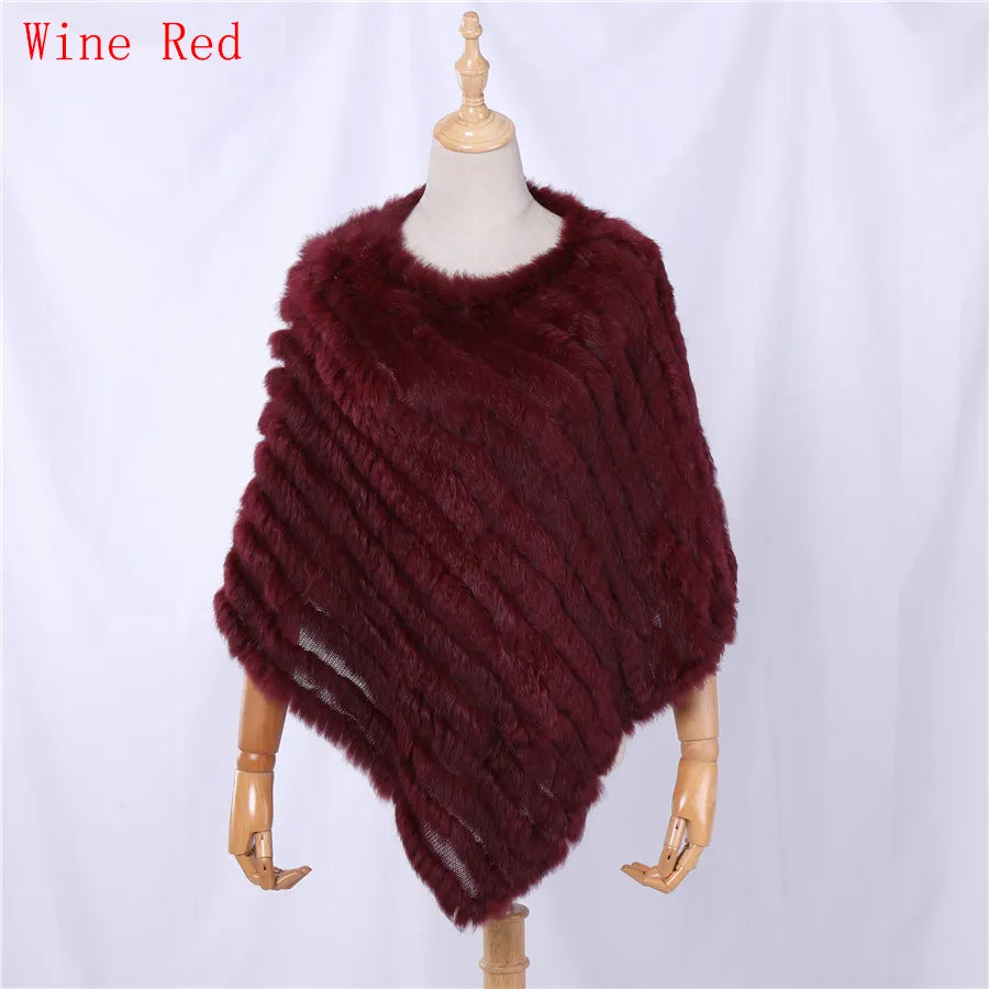 Rabbit Fur Knitted Natural Fur Poncho Fashion Wrap Coat Shawl Lady Scarf Natural Fur Wedding Party Wholesale Cape Wine Red