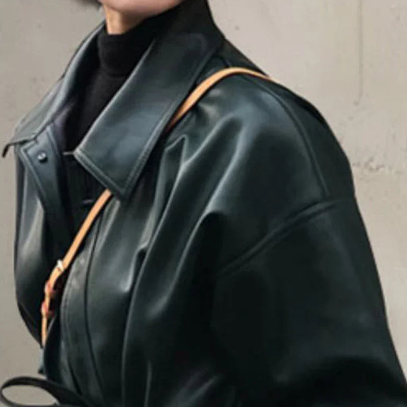 Autumn Long Black Cool PU Leather Trench Coat for Women Belt Single Breasted Loose Korean Fashion Wholesale Clothes 2022
