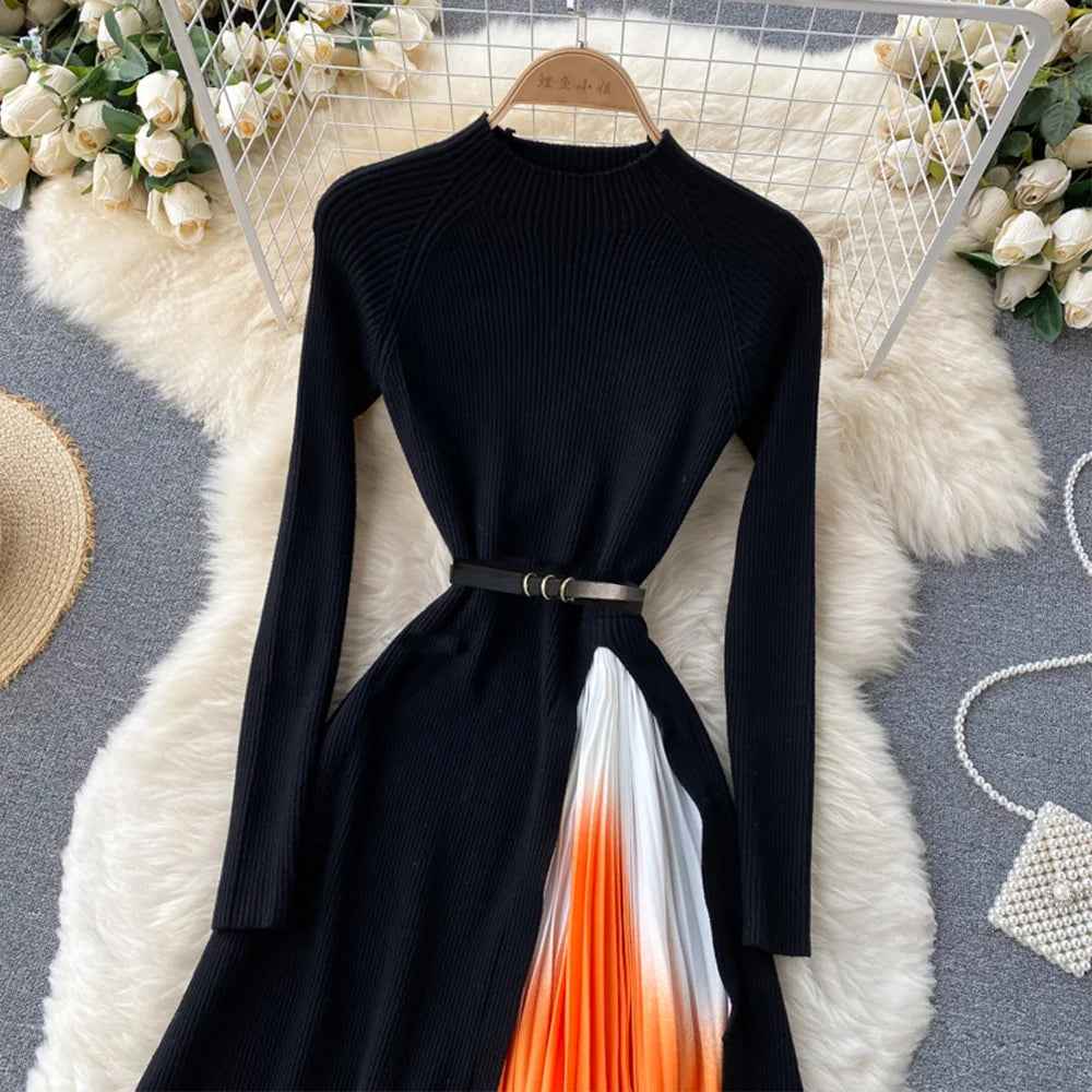 Banulin Outono Inverno Retro Estampa Plissado Vestido Feminino Elegante Malha Gradiente Patchwork Manga Longa OL Vestido Midi com Cinto