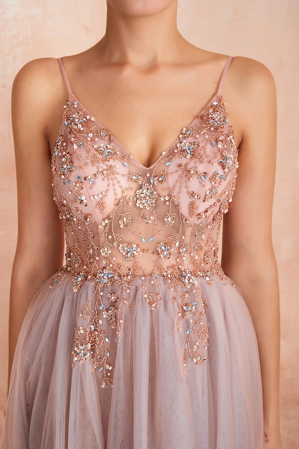 Sexy Spaghetti Straps Evening Dresses V-Neck Rhinestones Beading Formal Prom Gowns with Slit robe de soiree