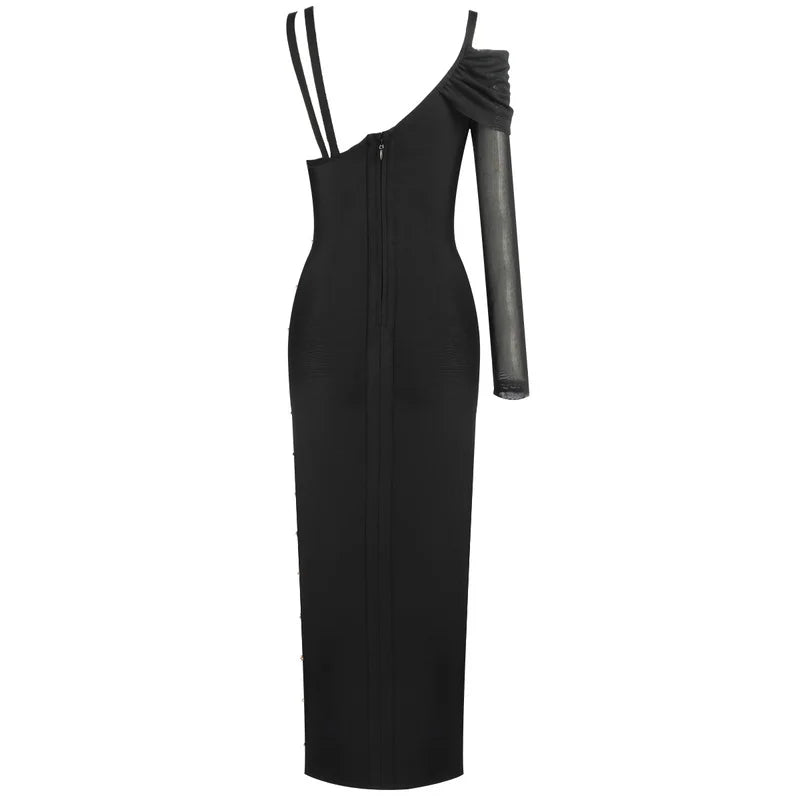Vestido preto de manga comprida, um ombro só, aberto, rayon, bandagem, coquetel, festa, bodycon